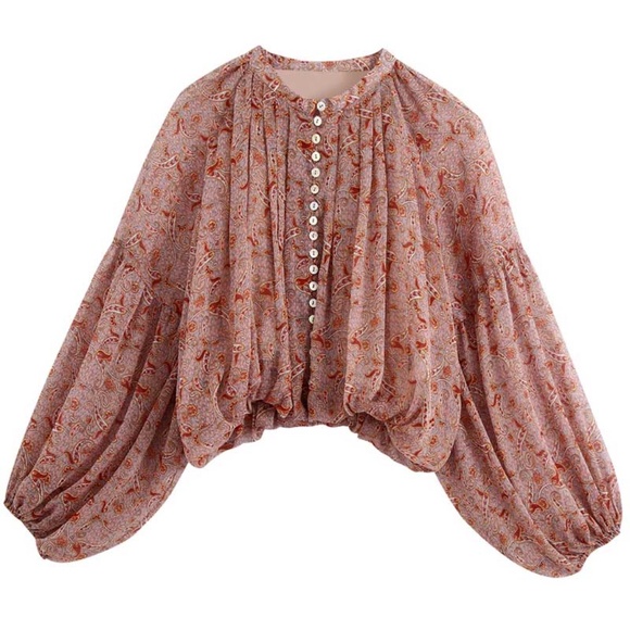 boho paisley print button up puff sleeve crop top - Picture 3 of 4